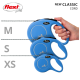 Image of three blue Flexi retractable dog leashes in sizes XS, S, and M, with a hand holding the M size. Text reads "NEW CLASSIC CORD."