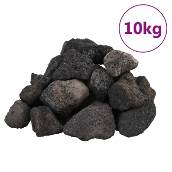Ein Haufen verschiedener vulkanischer Steine in verschiedenen Schwarz- und Grautönen, mit der Aufschrift "10kg" in einem lila Kreis.