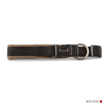 Schwarzes Nylon-Hundehalsband mit brauner Polsterung, Kunststoffschnalle mit der Aufschrift WOLTERS und Metall-D-Ring.