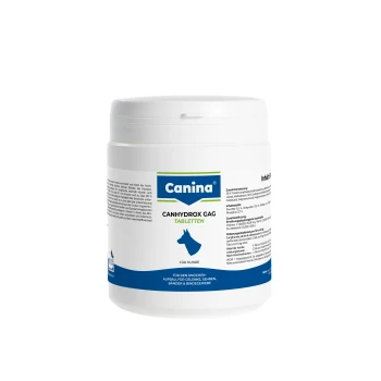 Canhydrox GAG 600g Weißer Behälter mit Canina Canhydrox GAG-Tabletten für Hunde, mit einem blauen Etikett mit Hundesilhouette und Nährwertinformationen.