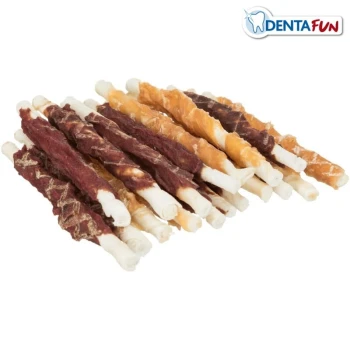 Denta Fun Chewing Roll Mix 250g Ein Haufen Hundekauspielzeuge in verschiedenen Farben, darunter Braun und Orange, umwickelt mit weißen Rohhautenden, beschriftet mit 'DentaFun.'