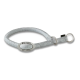 Silbernes geflochtenes Haustierhalsband mit Metallanhänger mit der Aufschrift "WOLTERS CAT & DOG" und zwei Metallringen auf weißem Hintergrund.