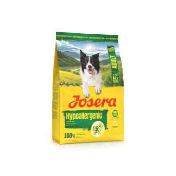 Josera Hypoallergenes Hundefutter für Erwachsene mit einem glücklichen schwarz-weißen Hund, gekennzeichnet als getreidefrei und deutsche Qualität.