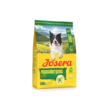 Josera Hypoallergenes Hundefutter für Erwachsene mit einem glücklichen schwarz-weißen Hund, gekennzeichnet als getreidefrei und deutsche Qualität.