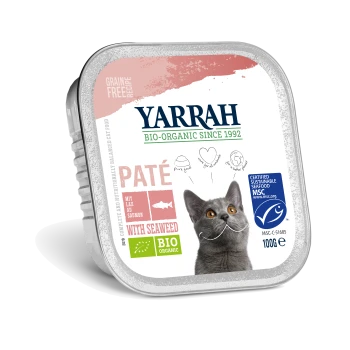 Pasztet Yarrah Bio‑Organic z łososiem i wodorostami, zdjęcie szarego kota, napis „Bio‑Organic since 1992”, logo MSC, 100 g
