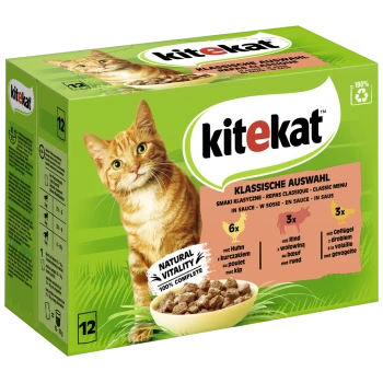 Grüne Kitekat Katzenfutterbox mit einer verspielten orangefarbenen Tabby, die 12 Beutel mit Huhn, Rind und Geflügel in Sauce enthält. 100% Komplett.