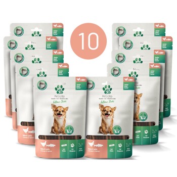 10er-Pack Fellicita-Hundestick-Beutel mit einem lächelnden kleinen braunen Hund, einem '10'-Abzeichen und der Aufschrift 'Huhn & Lachs'.