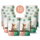 10er-Pack Fellicita-Hundestick-Beutel mit einem lächelnden kleinen braunen Hund, einem '10'-Abzeichen und der Aufschrift 'Huhn & Lachs'.
