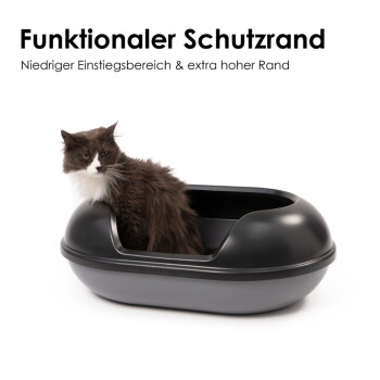 Graue Katzentoilette mit abnehmbarem Rand, schwarzem Griff, strukturiertem Griff und Text: "Einfache Reinigung mit abnehmbarem Rand & leicht."