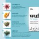 Produktbild mit dem Titel "Wuf for Dogs" von Dr. SAM, das Kräuterzutaten und deren gesundheitliche Vorteile für Hunde zeigt.