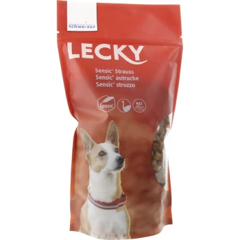Sac de nourriture pour chiens rouge étiqueté "LECKY" présentant un corgi sur le devant, avec un texte indiquant "Sensic' Strauss", "Sensic' autruche" et "Sensic' struzzo."