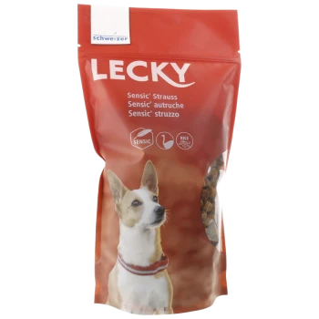 Rote Hundefuttertasche mit dem Etikett "LECKY", die einen Corgi auf der Vorderseite zeigt, mit Text, der "Sensic' Strauss", "Sensic' autruche" und "Sensic' struzzo" angibt.