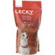 Rote Hundefuttertasche mit dem Etikett "LECKY", die einen Corgi auf der Vorderseite zeigt, mit Text, der "Sensic' Strauss", "Sensic' autruche" und "Sensic' struzzo" angibt.