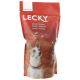 Sac de nourriture pour chiens rouge étiqueté "LECKY" présentant un corgi sur le devant, avec un texte indiquant "Sensic' Strauss", "Sensic' autruche" et "Sensic' struzzo."