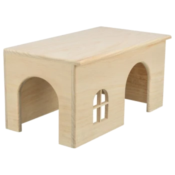 Ein Holzhaustierhaus mit flachem Dach und zwei gewölbten Eingängen, mit einem kleinen Fenster auf einer Seite, ideal für kleine Tiere.
