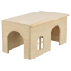 Ein Holzhaustierhaus mit flachem Dach und zwei gewölbten Eingängen, mit einem kleinen Fenster auf einer Seite, ideal für kleine Tiere.