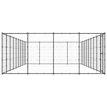 Ein großes, rechteckiges Metallhaustiergehege mit einem Gitterdesign, das mehrere Paneele und ein Tor für einfachen Zugang hat.