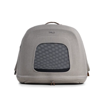 Grauer Haustiertrage-Rucksack mit einem Netzfrontpanel und einem oberen Griff, mit dem Markenlogo "JAVO" oben.