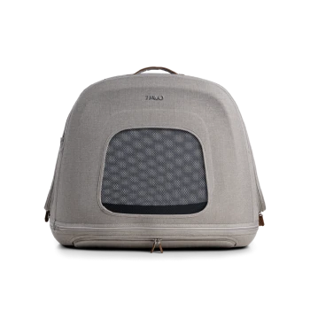 Grauer Haustiertrage-Rucksack mit einem Netzfrontpanel und einem oberen Griff, mit dem Markenlogo "JAVO" oben.