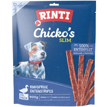 RINTI Chicko's Slim Hundesnack-Tüte, XXL 900 g – knusprige Entenstreifen, Hundeabbildung und Text „100% Entenfilet“