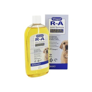 Vitapet R-A Joint Formula 400ml Vitapet R-A joint formula normal strength 400ml bottle and box with dog images and label text "NORMAL STRENGTH"