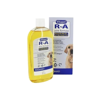 Vitapet R-A joint formula normal strength 400ml bottle and box with dog images and label text "NORMAL STRENGTH"