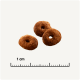 Drei braune, donutförmige Haustierleckerlis sind auf einem hellen Hintergrund zu sehen, mit einem Lineal, das eine Größe von 1 cm angibt.