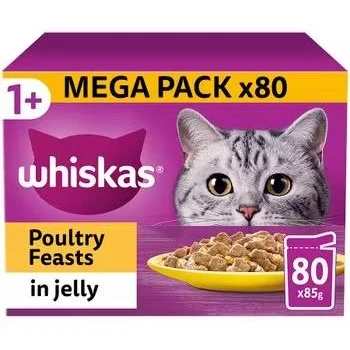 Whiskas Mega Pack cat food, featuring Poultry Feasts in jelly, contains 80 x 85g servings, with a cat's face on the packaging.