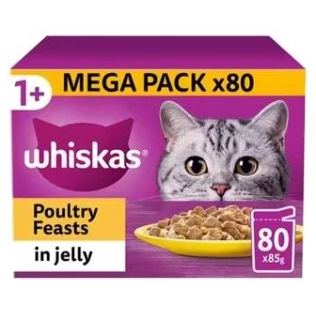 Whiskas Mega Pack cat food, featuring Poultry Feasts in jelly, contains 80 x 85g servings, with a cat's face on the packaging.