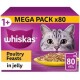 Whiskas Mega Pack cat food, featuring Poultry Feasts in jelly, contains 80 x 85g servings, with a cat's face on the packaging.
