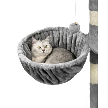 Liegemulde für Kratzbäume - 25 cm Tiefe hellgrau Ein gemütliches graues Katzenbett aus plüschigem Stoff, mit runder Form und einem baumelnden Spielzeug, perfekt für die Entspannung von Katzen.