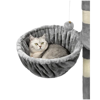 Ein gemütliches graues Katzenbett aus plüschigem Stoff, mit runder Form und einem baumelnden Spielzeug, perfekt für die Entspannung von Katzen.