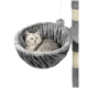Ein gemütliches graues Katzenbett aus plüschigem Stoff, mit runder Form und einem baumelnden Spielzeug, perfekt für die Entspannung von Katzen.