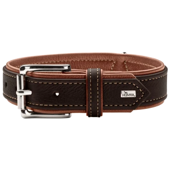 Braunes Lederhalsband für Hunde mit einer silbernen Schnalle und Nähdetails, mit einem kleinen 'HUNTER'-Logo.