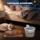 Schlafende Katze neben einer Wasserpumpe für Haustiere, Frau schläft im Bett; zeigt 'FLÜSTERLEISE WASSERPUMPE' und 15 dB, <23 dB, 60 dB.