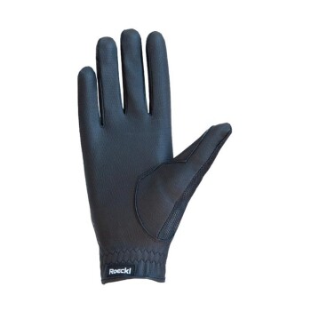 Schwarze Haustierpflegehandschuhe mit einer strukturierten Oberfläche und einem Netzpaneel, mit dem Roeckl-Logo am Handgelenk.