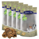 Fünf Tüten Lyra Pet Nature Power Hundeleckerlis, mit einem Stapel gerollter Leckerlis davor. Jede Tüte hat ein grünes Logo und Bilder von Hunden.