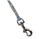 A close-up of a blue and gray braided dog leash with a silver metal clip, featuring a label that reads "Antone."
