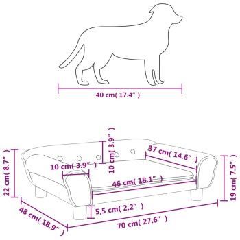 Illustration einer Hundesilhouette mit Abmessungen (40 cm) über einem Hundesofa mit Maßen: 70 cm (L) x 48 cm (B) x 22 cm (H).