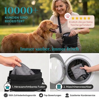 Ein Mann führt einen Golden Retriever auf einem Weg, der von Bäumen umgeben ist, mit dem Text "Ein gesunder Hund dank LFGB geprüfter Materialien."