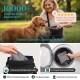 Ein Mann führt einen Golden Retriever auf einem Weg, der von Bäumen umgeben ist, mit dem Text "Ein gesunder Hund dank LFGB geprüfter Materialien."