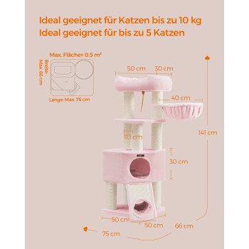 Rosa Katzenbaum mit mehreren Ebenen, mit Abmessungen beschriftet, geeignet für Katzen bis zu 10 kg und bis zu 5 Katzen.