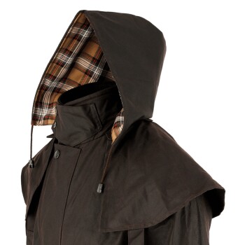 Dunkelbrauner wasserdichter Hunderegenmantel mit kariertem Futter und Kapuze, entworfen zum Schutz von Haustieren im Freien.
