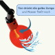 „Tier drückt die gelbe Zunge und Wasser fließt nach“, roter Trinknapf für Haustiere mit gelbem Ventil und schwarzer Halterung.