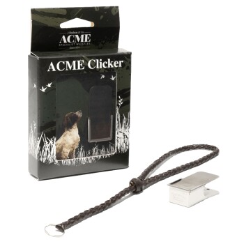 ACME Clicker Hundetrainingspfeife mit geflochtenem Lederband, Verpackung zeigt einen Hund und den Text „ACME Specialist Whistles“.