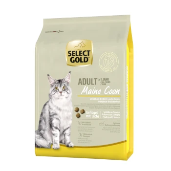 Sac de nourriture pour chats avec un chat Maine Coon, étiqueté "SELECT GOLD ADULT Maine Coon," avec des détails sur les ingrédients de volaille et de saumon.
