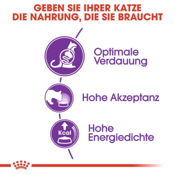 Bild zur Werbung für Katzenfutter mit deutschem Text: "Geben Sie Ihrer Katze die Nahrung, die sie braucht." Icons für Verdauung, Akzeptanz und Energie.