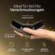 Hand hält einen flexiblen Pferdestriegel, um 90° gebogen; deutscher Text: „Ideal bei leichter Verschmutzung, flexibel & ergonomisch, biegt sich bis zu 90°, 30 Tage Rückgabe“