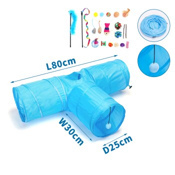 Blauer Spieltunnel für Haustiere, 80 cm lang, 30 cm breit und 25 cm Durchmesser, mit einem hängenden Pom-Pom-Spielzeug.