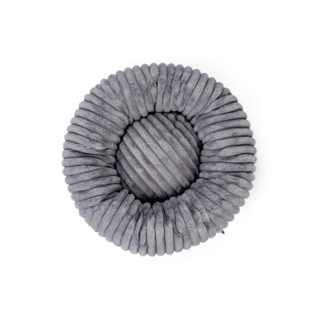 Rundes graues Plüsch-Tierbett mit gerippter Textur, entworfen für kleine Hunde oder Katzen, von oben gezeigt.